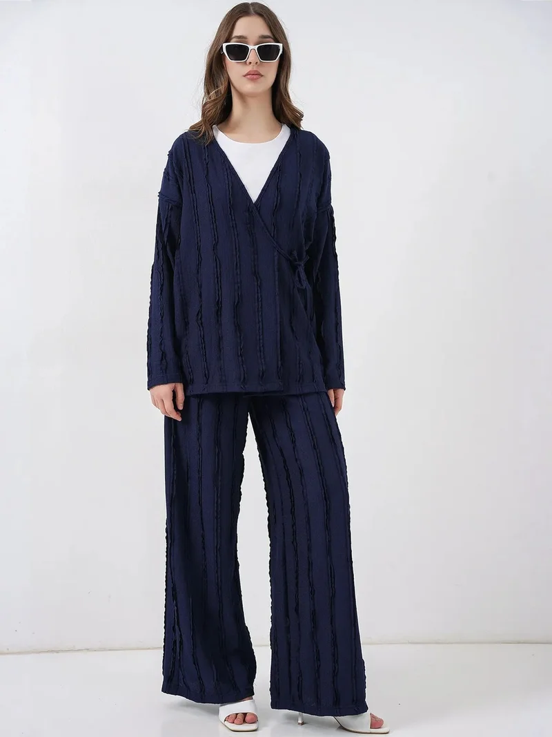 BIG DART BDART Textured V-Neck Tie Detail Kimono & Wide Leg Pants Set